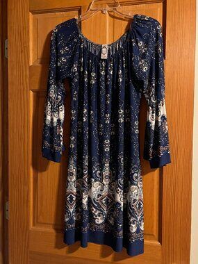 HoneyMe Boho Bell Sleeve Tunic Dress Navy Medium